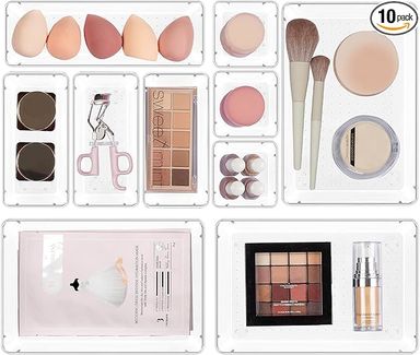 Amazon.com: Vtopmart 10 Pcs Makeup Drawer Organizer Bins Set, 4 Size Plastic Makeup and Vanity Organizer Trays, Clear Acrylic Vanity Storage Containers for Cosmetics, Toiletries, Jewelry, Gadgets, Office Supply : Home & Kitchen