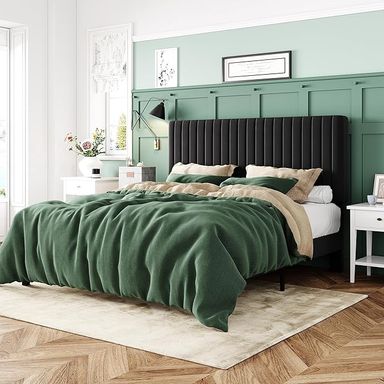 Amazon.com: Allewie Queen Bed Frame, Velvet Upholstered Platform Bed with Adjustable Vertical Channel Tufted Headboard, Mattress Foundation with Strong Wooden Slats, Box Spring Optional, Easy Assembly, Green : Home & Kitchen