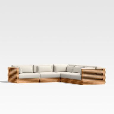 Batten Natural Teak 5-Piece L-Shaped Outdoor Sectional Sofa with Oat Cushions