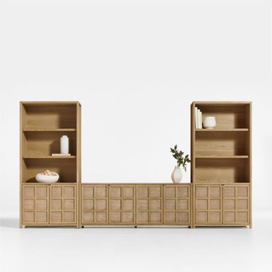 Campagna 154" Rattan and Natural Oak Wood Storage Media Console Set + Reviews | Crate & Barrel