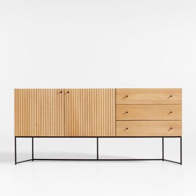 Evie 70" Natural Elm Wood and Black Iron Storage Media Console + Reviews | Crate & Barrel