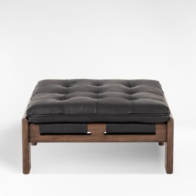 Halston Tufted Black Leather Ottoman | Crate & Barrel