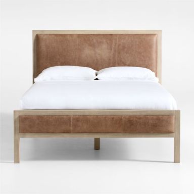 Keane Weathered Natural Wood and Leather Queen Bed + Reviews | Crate & Barrel