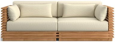 Batten 83" Natural Teak Outdoor Loveseat with Oat Cushions | Crate & Barrel