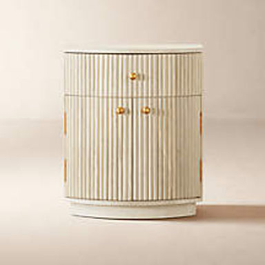 Cameo Curved Whitewashed Wood Nightstand with Drawer