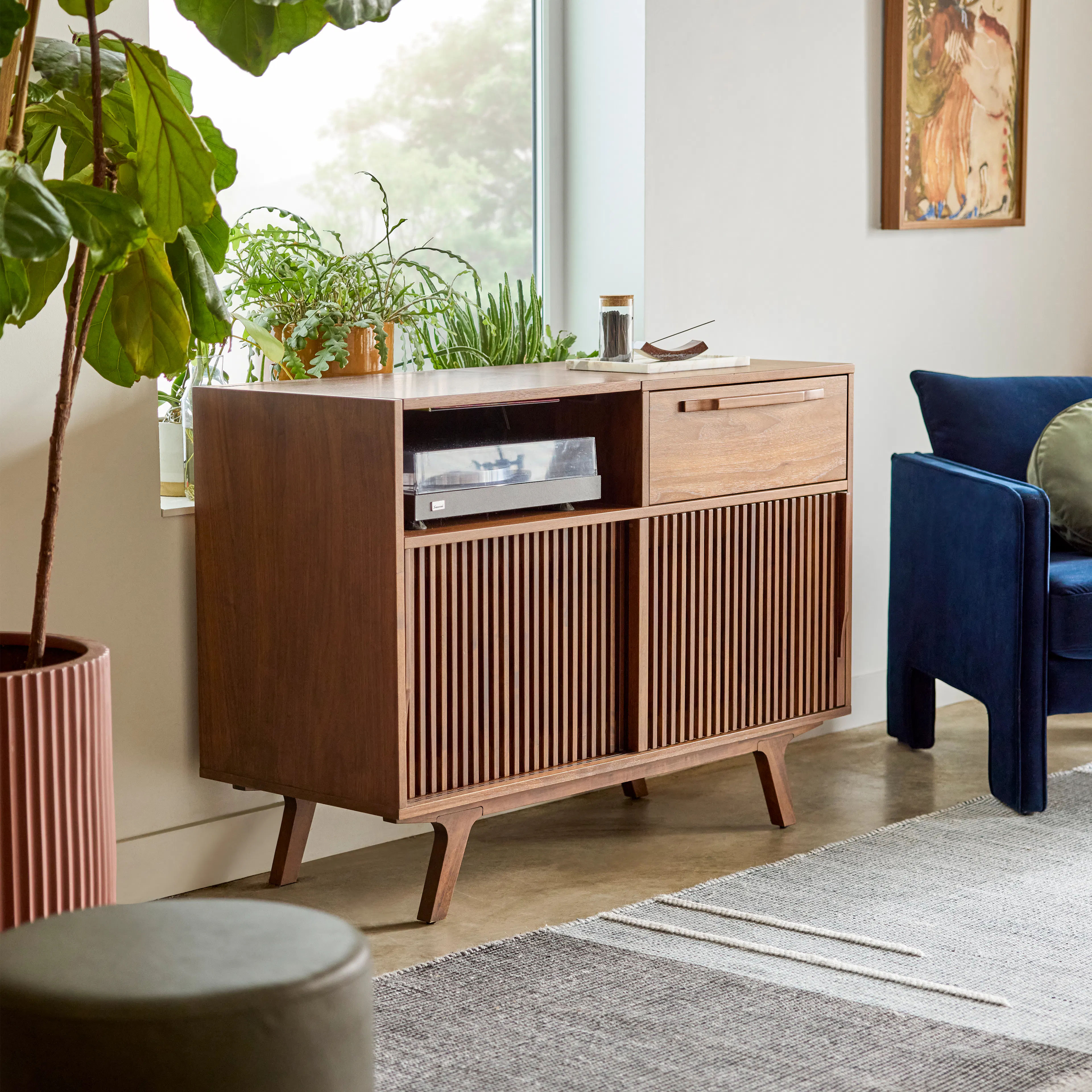 Jokuna 48" Vinyl Media Unit in Walnut - Modern Design