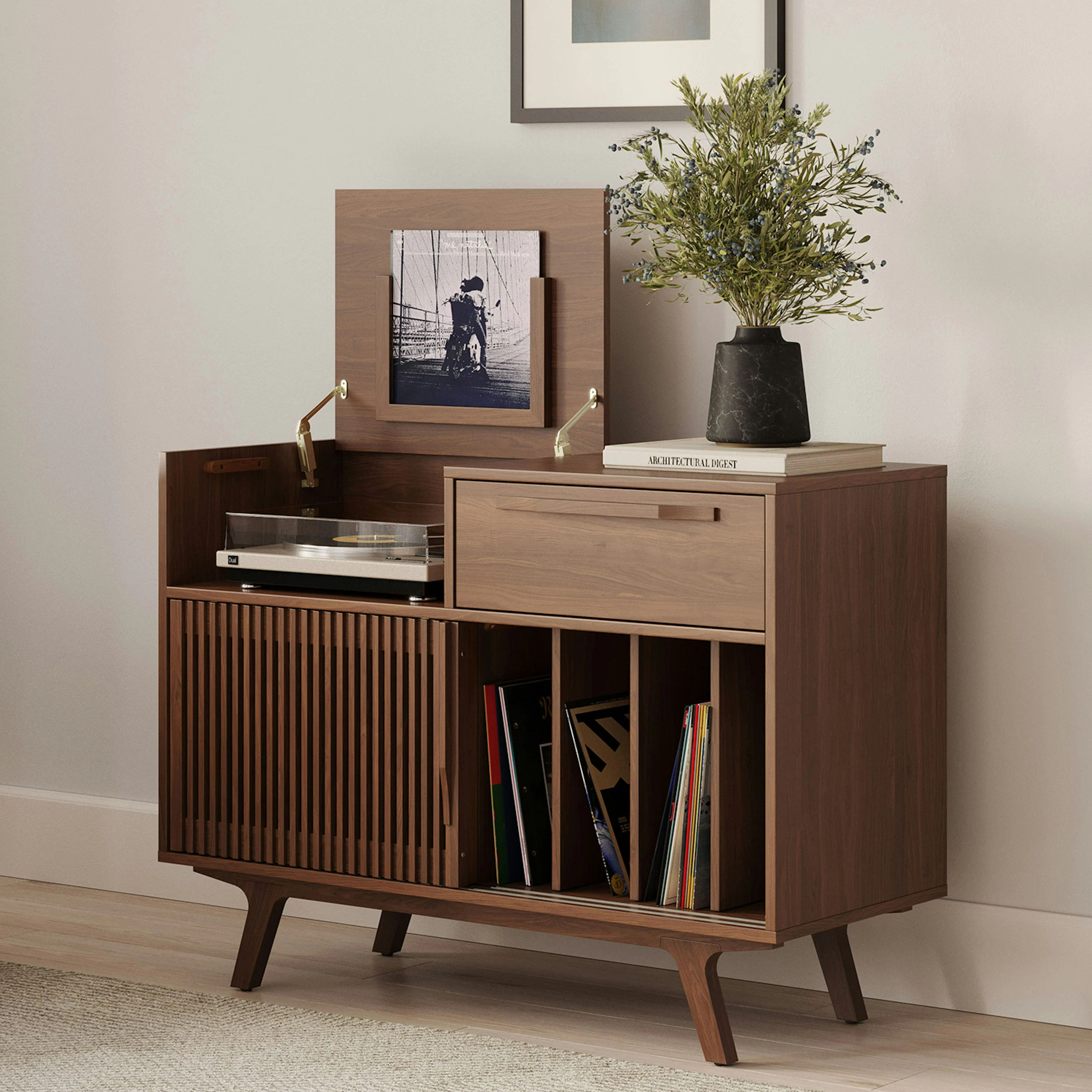 Jokuna 48" Vinyl Media Unit in Walnut - Modern Design