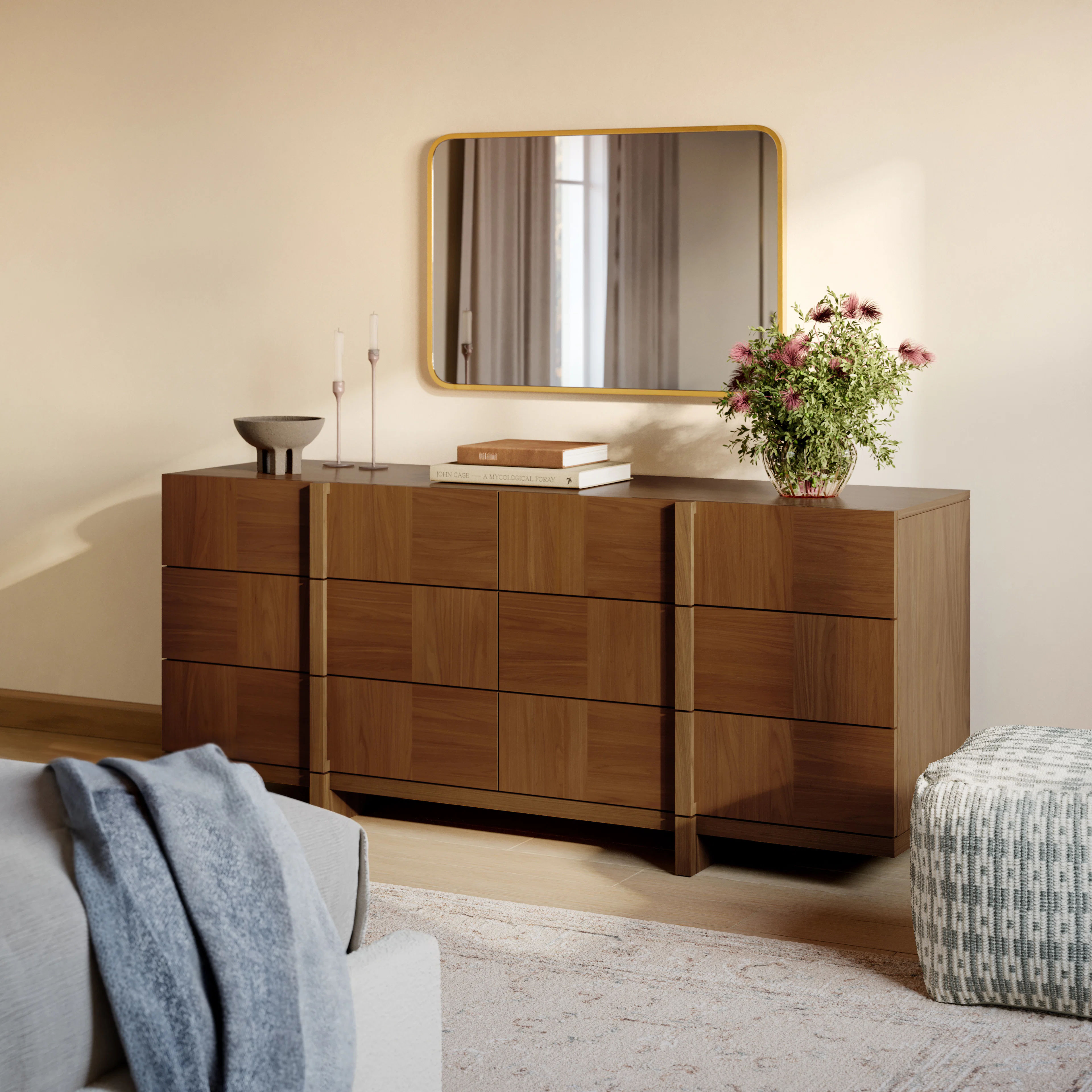 Ayra 6-Drawer Walnut Double Dresser - Modern Bedroom Storage