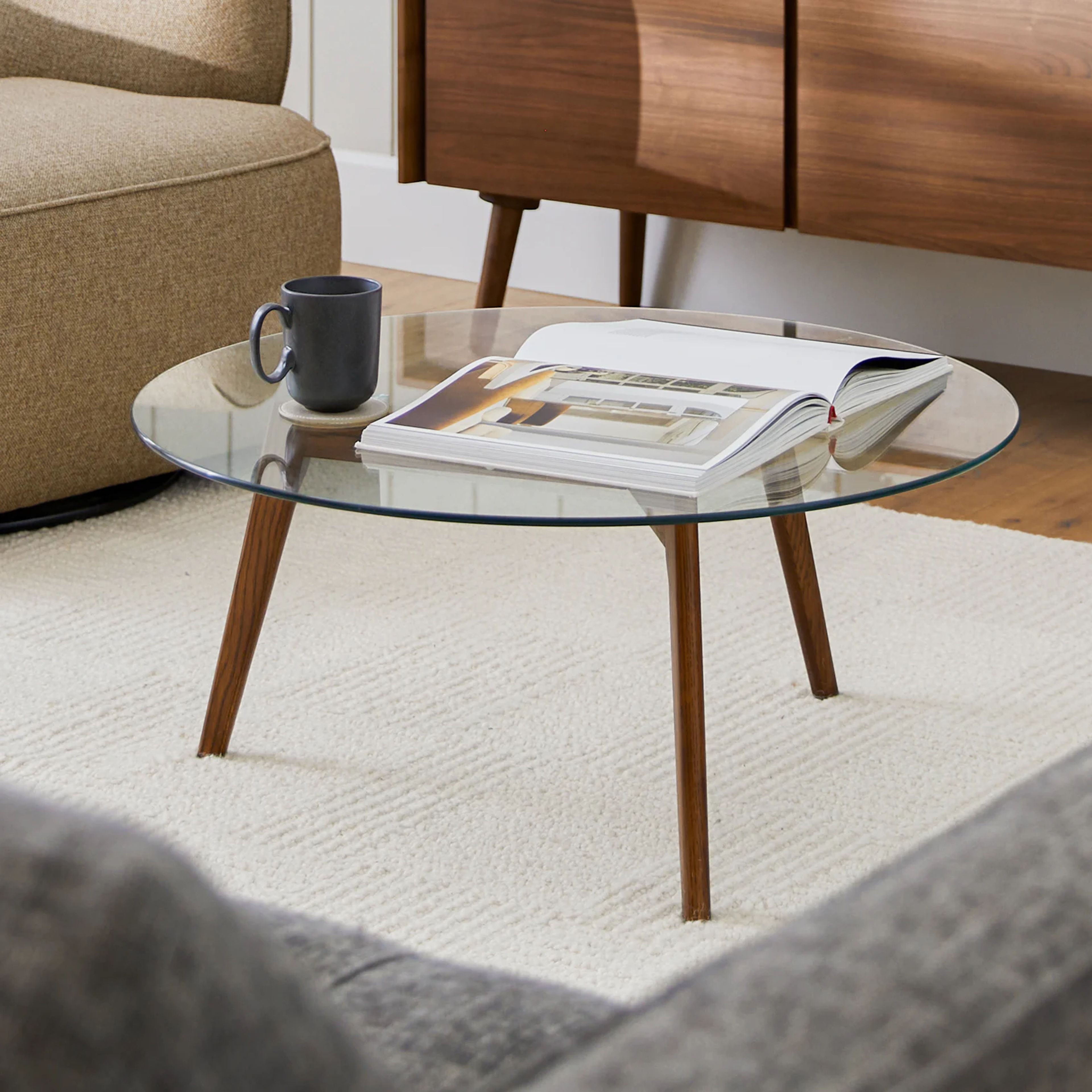 Clarus 31.5" Glass Coffee Table - Walnut | Stylish & Modern