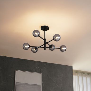 Moderne plafondlamp zwart met smoke glas 6-lichts - Ryan