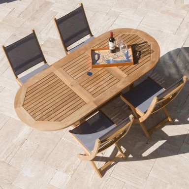 Sailmate 5 Piece Teak Patio Dining Set W/ 60 X 35 Inch Oval Extension Table By Royal Teak Collection - Gray Sling