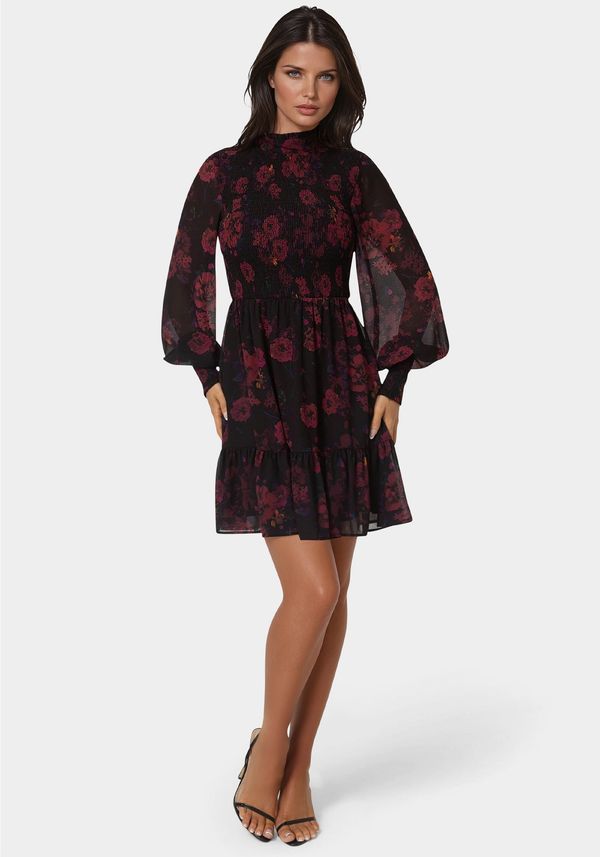 Long Sleeve Mock Neck Chifon Smocked Mini Dress