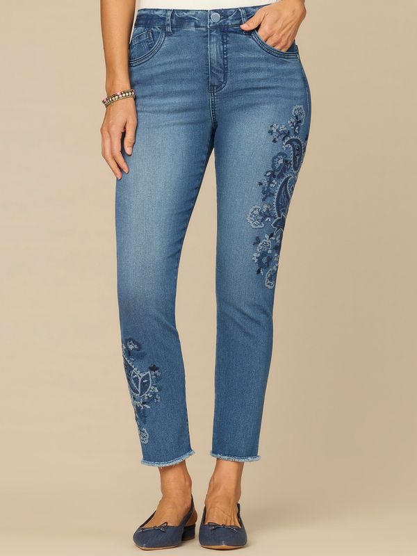 “Ab”solution® High Rise Paisley Embroidered Petite Ankle Skimmer Jeans