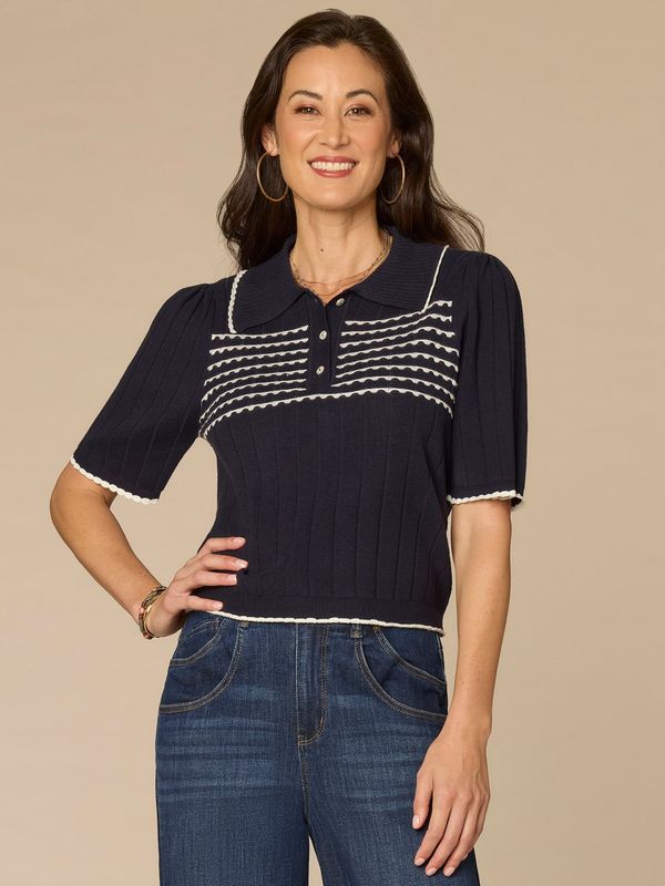 Elbow Sleeve Placement Stripe Placket Sweater with Scallop Tipping