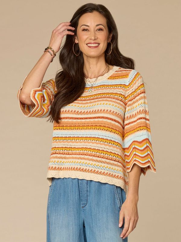 Three Quarter Bell Sleeve Round Neck Scallop Crochet Striped Sweater