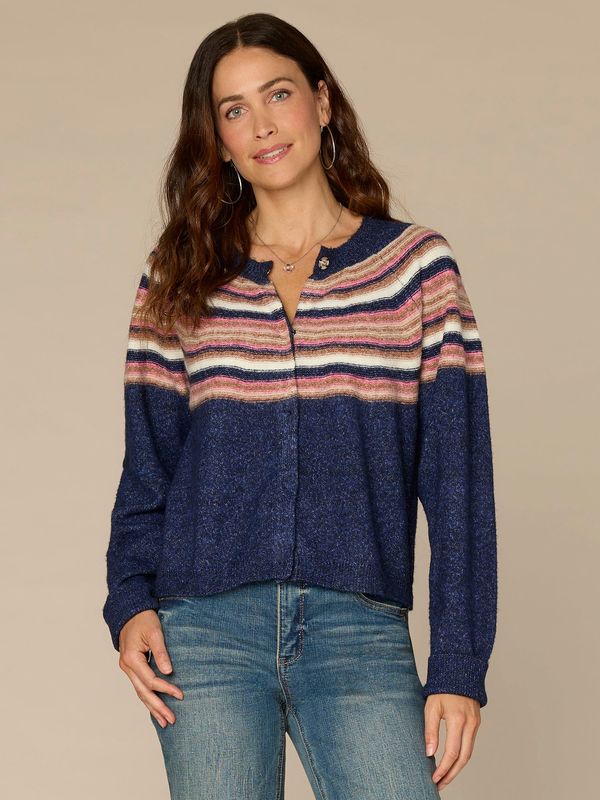 Long Sleeve Round Neck Snap Front Stripe Jacquard Sweater Cardigan
