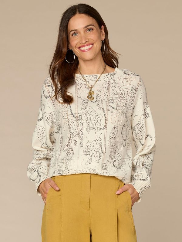 Long Straight Sleeve Ribbed Boat Neck Printed Pull Over Sweater
