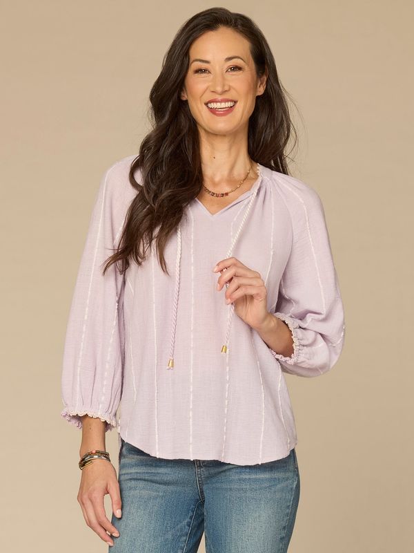 Three Quarter Blouson Sleeve Split Neck Crochet Woven Top with Tie