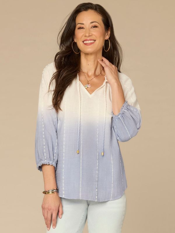 Three Quarter Blouson Sleeve Split Neck Ombre Woven Top with Tie