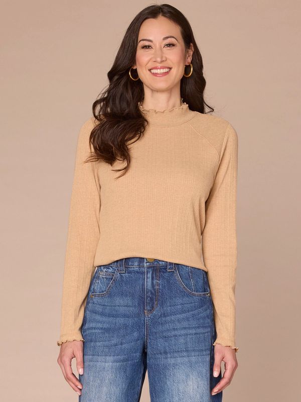 Long Sleeve Mock Neck Mixed Media Knit Top with Lettuce Edge Detail