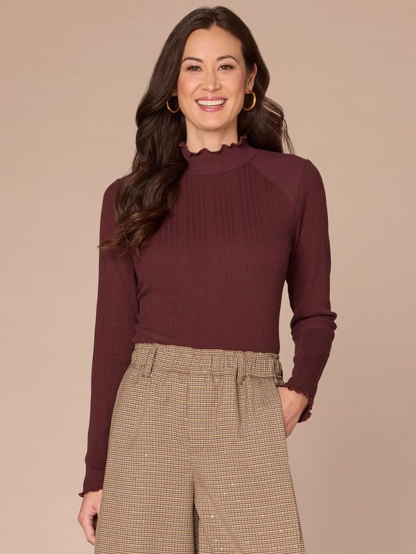 Long Sleeve Mock Neck Mixed Media Knit Petite Top with Lettuce Edge