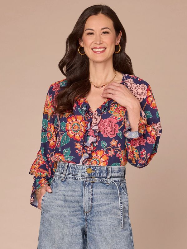 Long Flounce Sleeve V-Neck Ruffle Placket Printed Petite Woven Top