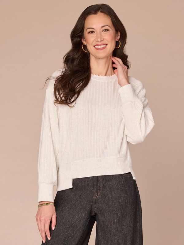 Long Sleeve Scoop Neck Embroidered Pearl Mixed Media Petite Knit Top