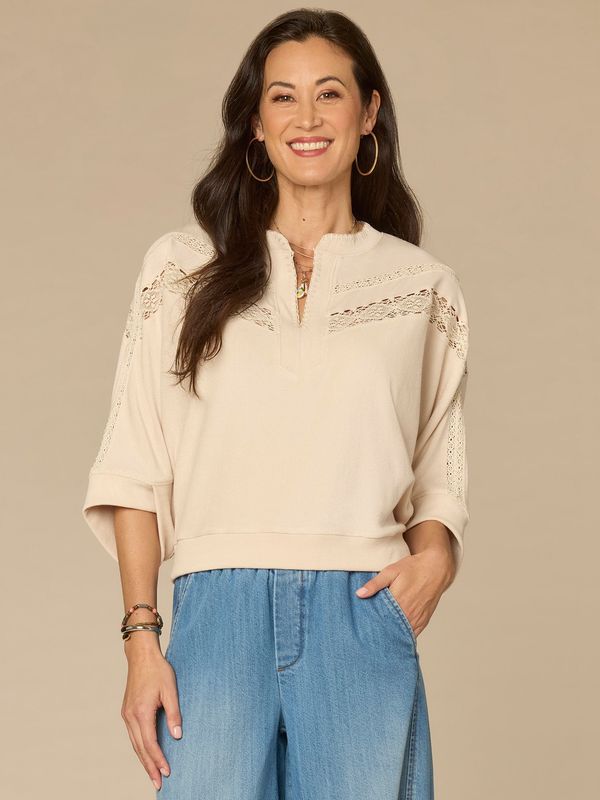 Three Quarter Dolman Sleeve Mandarin Collar Embroidered Knit Top