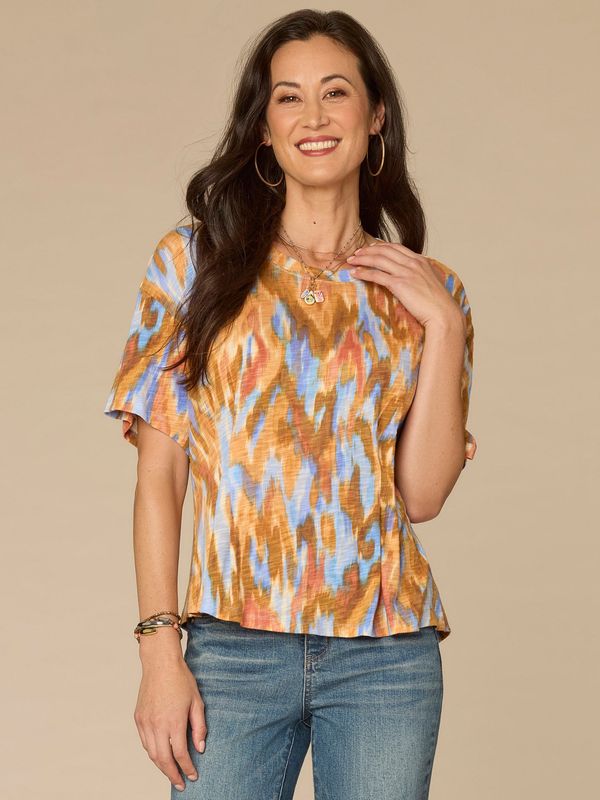 Short Sleeve Scoop Neck Pleated Peplum Hem Printed Knit Top