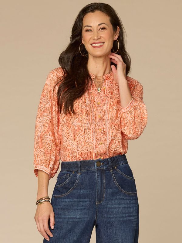Blouson Sleeve Stand Collar Pleated Button Down Printed Woven Top