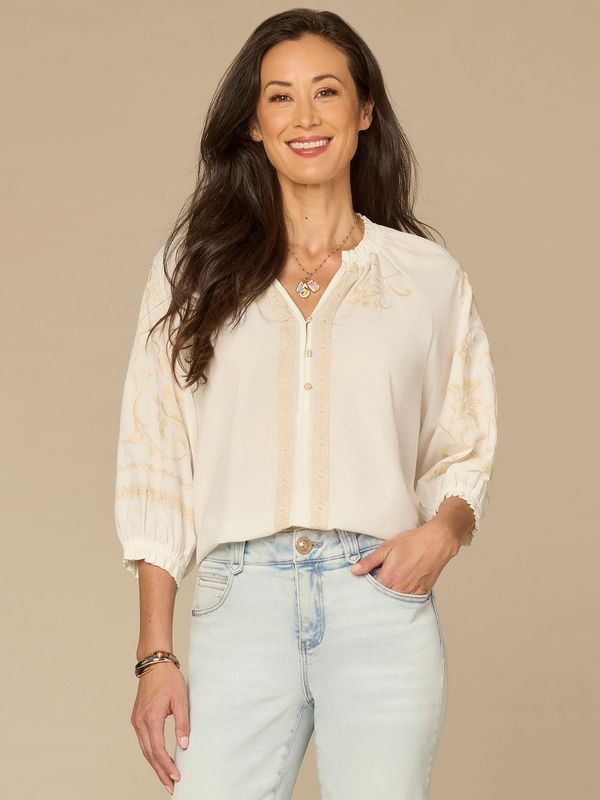 Blouson Sleeve Ruffle Neck Floral Placket Mixed Media Woven Top