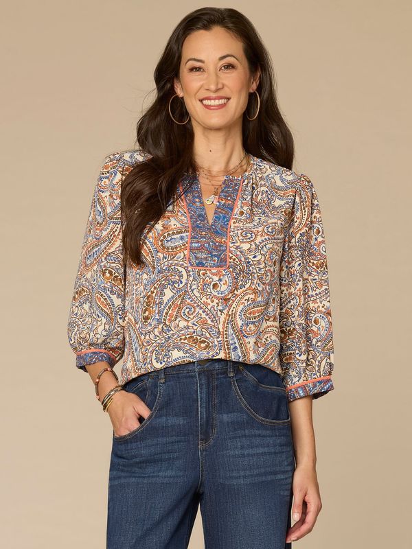 Three Quarter Blouson Sleeve Notch Neck Placement Print Woven Top