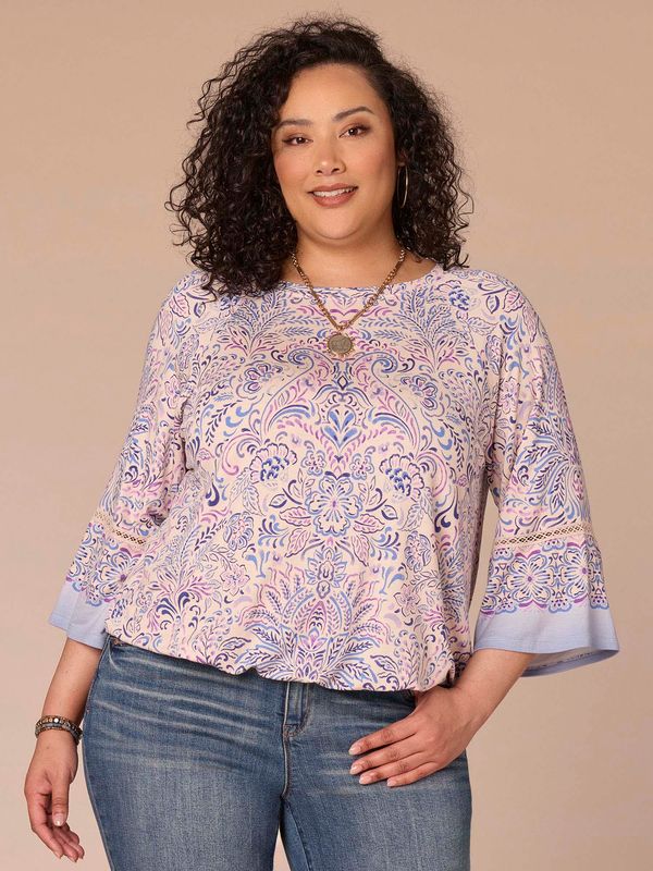 Kimono Sleeve Boat Neck Bubble Hem Printed Plus Size Knit Top