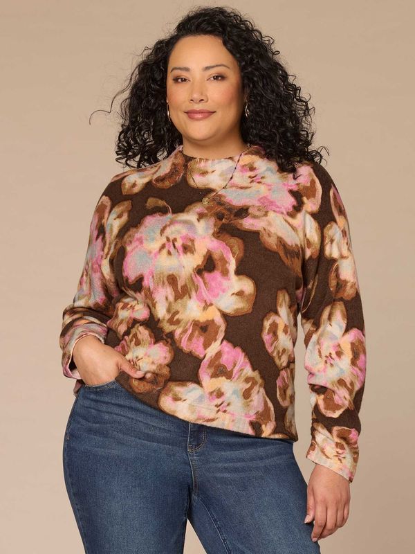 Long Ruched Sleeve Mock Neck Abstract Floral Print Plus Size Sweater