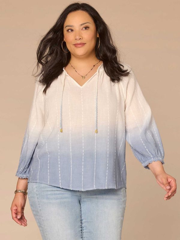 Three Quarter Sleeve Split Neck Ombre Plus Size Woven Top with Tie