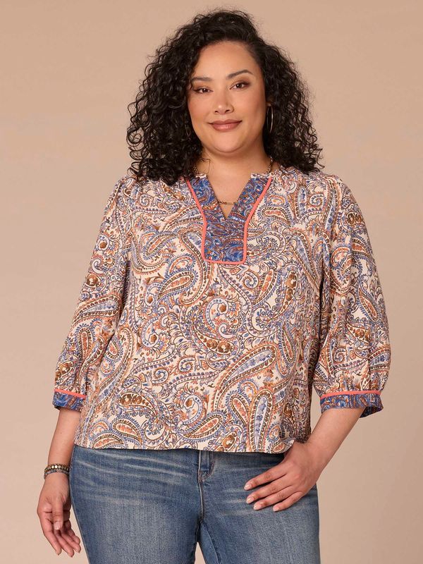Three Quarter Sleeve Notch Neck Placement Print Plus Size Woven Top