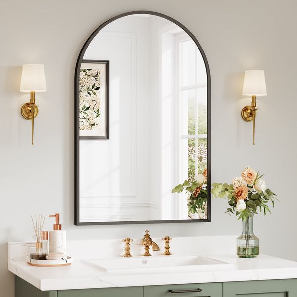 Dripex Arched Mirror, 75 x 50cm/90 x 60cm Wall-Mounted or Leaning, Pre-Fitted Holes & Fixing Kit, for Bathroom, Living Room & Bedroom
