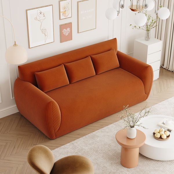Vesgantti Corduroy Compressed 3 Seater Sofa, 200cm Upholstered Floor Sofa, Comfy Couch with 3 Pillows, No Assembly Required, Perfect for Living Room Bedroom Office Small Space, 200L*94D*80Hcm