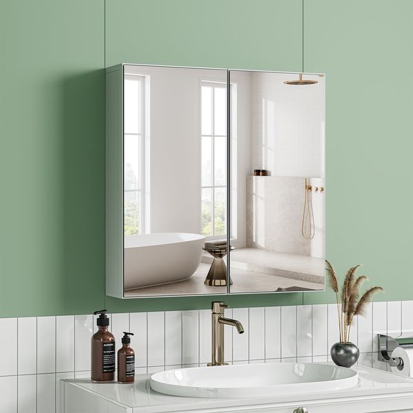 Dripex Double Door Bathroom Mirror Cabinet, Wall Mounted Storage Cupboard with Mirror, Wall Cabinet with Open Compartment Adjustable Shelf, White (60 x 60 x 12 cm)