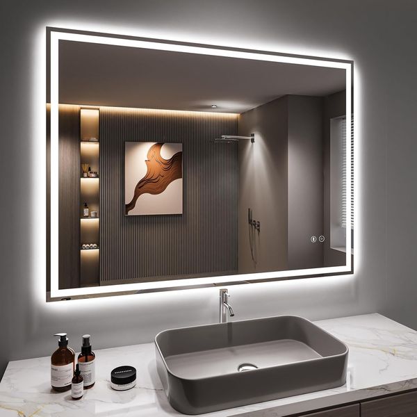 Dripex Bluetooth LED Bathroom Mirror with Shaver Socket, Dimmable 3 Colors Illuminated Backlit Wall Mounted Bathroom Mirrors Anti-fog Vanity Mirror, Horizontal/Vertical