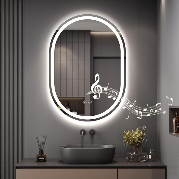 Dripex Bluetooth Oval Bathroom LED Mirror, Illuminated Backlit Wall Mounted Mirror with Demister, Anti-fog, 3 Lighting Modes, Dimming Light, IP44