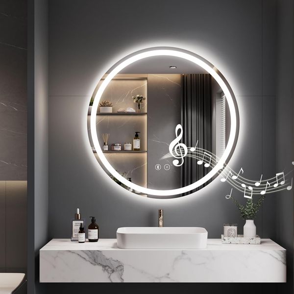 Dripex Bluetooth Round LED Bathroom Mirror, Illuminated Circle Bathroom LED Mirror with Speaker, Anti-fog, Wall Mounted, 3 Lighting Modes, Dimmable, Front+Backlit, IP44