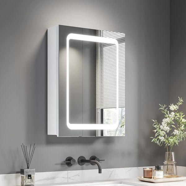 Dripex LED Bathroom Mirror Cabinet, Bathroom Mirror Cabinet with LED Lights Shaver Socket and Demister Pad, Non-contact Sensor Switch, White/Left hinge