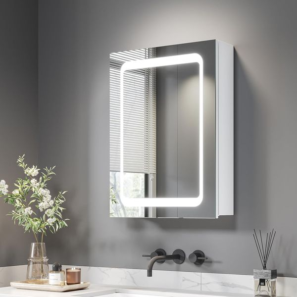 Dripex LED Bathroom Mirror Cabinet, Bathroom Mirror Cabinet with LED Lights Shaver Socket and Demister Pad, Non-contact Sensor Switch, White/Right hinge