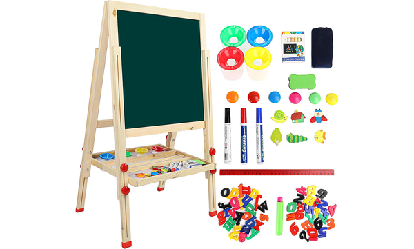 Dripex Kid Wooden Art Easel, Double-Sided Height Adjustable Painting Blackboard with Magnetic Accessories Chalk and Sponge