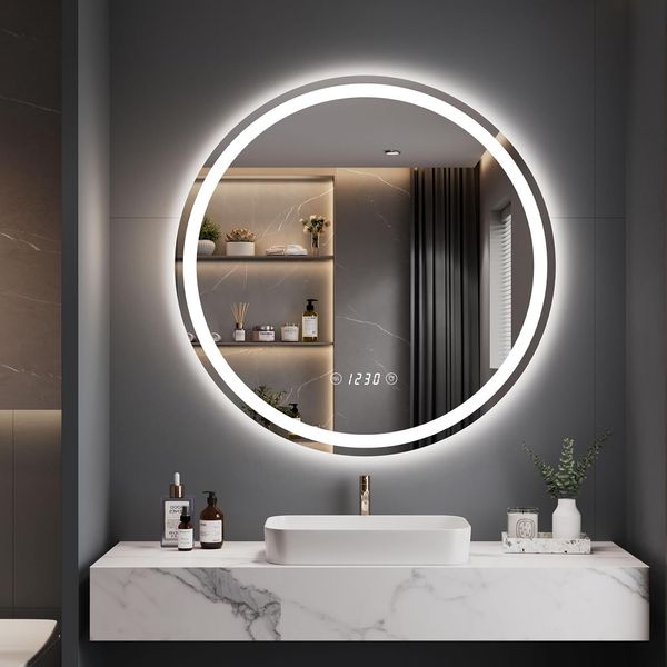 Dripex Time Display Round Bathroom LED Mirror, Illuminated Wall Mounted Circle LED Bathroom Mirror, Anti-fog, 3 Lighting Modes, Dimmable, Front+Backlit, IP4