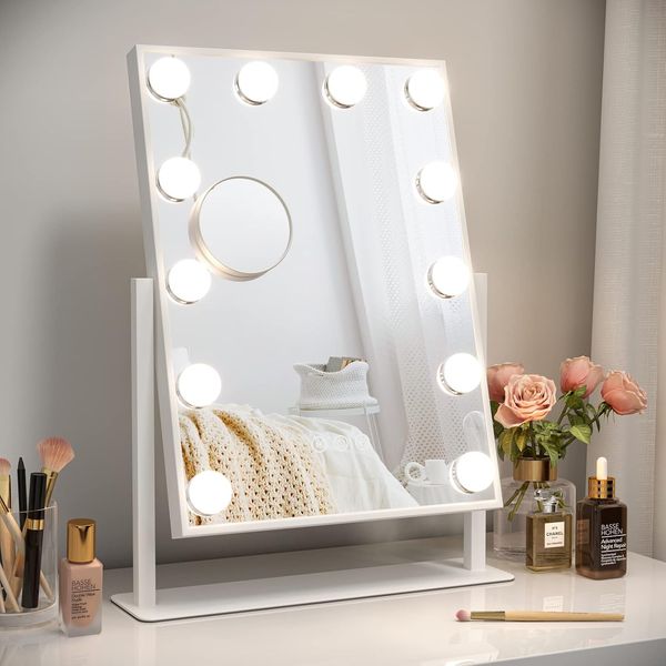 Dripex 9/12 Dimmable Bulbs Hollywood LED Vanity Mirror, Lighted Makeup Mirror, 360°Rotation, 3 Color Lighting Modes, Touch Screen Control, Light up Dressing Table Mirror for Bedroom