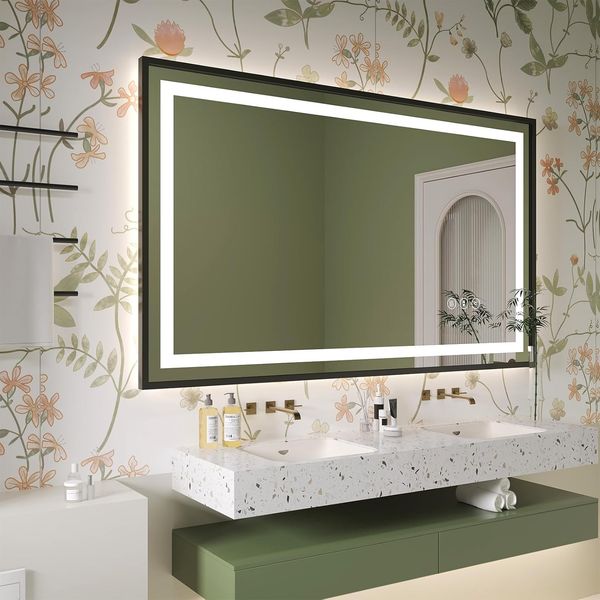 Dripex Black Metal Framed Bathroom Mirror with LED Lights, Light up Backlit Mirror Bathroom Anti Fog Mirrors Dimmable Switch with 3 Colors, Horizontal/Vertical [Energy Class E]