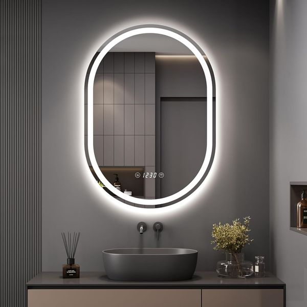 Dripex Clock Display Oval Bathroom LED Mirror, LED Mirror Bathroom with Light, Illuminated Backlit Wall Mounted Mirror with Demister, Anti-fog, 3 Lighting Modes, Dimming Light, IP44
