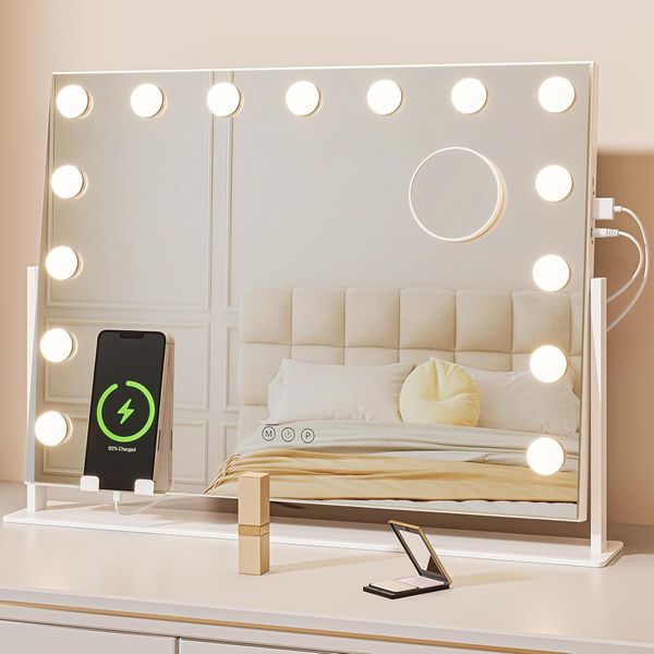 Dripex 14/15 Dimmable LED Bulbs Rotatable Hollywood Vanity Mirror with Lights, Large Illuminated Makeup Mirror, 3 Lighting Modes, Phone Holder, Titing Hollywood Mirror for Bedroom